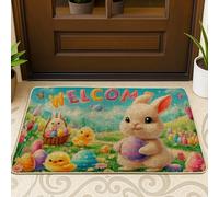 Tapete para puerta de conejo, huevo de pollito juguetón de Pascua, lavable, de perfil bajo, decoración al aire libre para puerta delantera, entrada, patio, 29 x 17 pulgadas