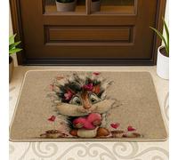 Tapete para puerta de erizo, diseño de corazones juguetones, flores, color marrón, lavable, de perfil bajo, decoración de entrada, para porche delantero, baño, oficina, 29 x 17 pulgadas