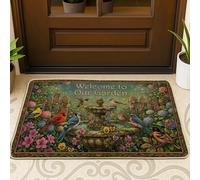 Tapete para puerta de fuente, jardín, naturaleza, pájaros, flores, primavera, verde, lavable, perfil bajo, para casa, oficina, exterior, interior, entrada, decoración, 73 x 43 cm