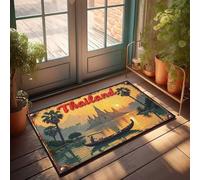 Tapete para puerta de otoño, Tailandia, puesta de sol, serenidad: paseo en barco entre palmeras y templos, felpudo divertido para exteriores (50 x 80 cm)