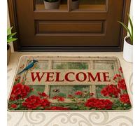 Tapete para puerta de pájaro, flores rústicas y flores de abeja rojo de goma antideslizante, para decoración del hogar, entrada, porche al aire libre, balcón, 29 x 17 pulgadas