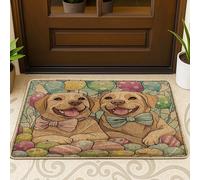 Tapete para puerta delantera de perro Labrador Retriever de primavera, Pascua, color negro, 29 x 17 pulgadas, diseño de huevos de vidrieras y cachorros, tapete antideslizante para exteriores, pequeño