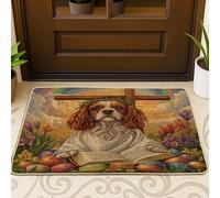 Tapete para puerta exterior con diseño de perro Cavalier King Charles Spaniel de Pascua, color negro, 29 x 17 pulgadas, diseño retro de huevos cruzados, para exteriores, tapete ultrafino, para patio