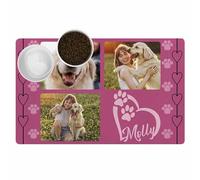 Tapete personalizado para comida para perros y gatos con nombre de foto, tapetes personalizados para alimentos para mascotas, patrón de corazón, antideslizante, impermeable, tapete para cuenco de