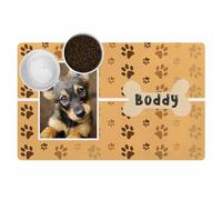 Tapete personalizado para comida para perros y gatos con nombre de foto, tapetes personalizados para alimentos para mascotas, patrón de hueso, antideslizante, impermeable, tapete para cuenco de perro
