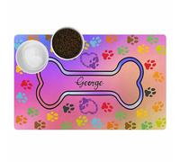 Tapete personalizado para comida para perros y gatos con nombre, tapete colorido personalizado para alimentos para mascotas, patrón de hueso, antideslizante, impermeable, tapete para cuenco de perro y