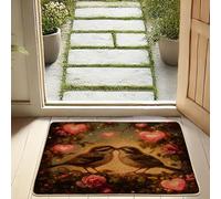 Tapete romántico con diseño de pájaros y corazones, tapete de entrada vintage de rosas para decoración de temporada al aire libre e interior, tapete suave, antideslizante y absorbente, fácil de