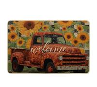 Tapete vintage para puerta de primavera, diseño a cuadros, girasol, camión, granja, botánico, naranja, rojo, goma, absorbente, para baño, patio, oficina, porche, hogar, lavable, absorbente, 43 x 73 cm