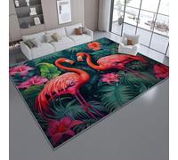 Tapetes de área para Sala de Estar 60 x 120 cm, Lavable Vintage Tropical Flamenco Pintura al óleo Tema Alfombra Pelo Corto - Verde Oscuro Antideslizante Alfombra Adecuado para Habitaciones Infantiles