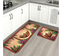 Tapetes de cocina con diseño de perezoso tropical para suelo, tapetes suaves con patrón de selva colorida, acolchados, cómodos, lavables, para fregaderos de cocina, lavadero, baño, 2 unidades