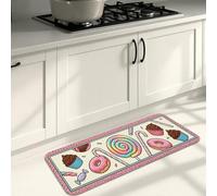 Tapetes de cocina con temática de caramelos para piso, coloridos patrones de postres, divertidos, acolchados, cómodos, lavables, para fregaderos de cocina, lavandería, baño, 16 x 47 pulgadas