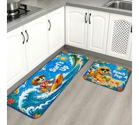 Tapetes de cocina con temática de playa para suelo, coloridos diseños de cachorros surfeando y arena, acolchados, cómodos, lavables para fregaderos de cocina, lavadero, baño, 2 unidades