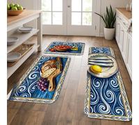 Tapetes de cocina de estilo mediterráneo para piso, diseño colorido de mariscos y pan, acolchado de verano, cómodo, lavable, decoración para fregaderos de cocina, lavadero, baño, 3 piezas