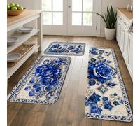 Tapetes de cocina florales azules para piso, tapetes suaves con patrón de rosas vintage, acolchados con resortes, cómodos, lavables, para fregaderos de cocina, lavadero, baño, 3 unidades
