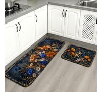 Tapetes de cocina florales para piso, tapetes suaves de flores azules y naranjas, acolchados en otoño, cómodos, lavables, para fregaderos de cocina, lavandería, baño, 2 unidades