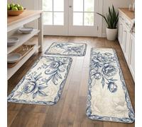 Tapetes de cocina florales vintage para piso, elegantes tapetes suaves con flores azules, acolchados con resorte, cómodos, lavables para fregaderos de cocina, lavadero, baño, 3 piezas
