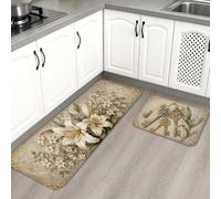 Tapetes de cocina florales vintage para piso, elegantes tapetes suaves de flores beige, acolchados con resortes, cómodos, lavables para fregaderos de cocina, lavadero, baño, 2 unidades