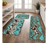 Tapetes de cocina geométricos bohemios para suelo, tapetes suaves con estampado de leopardo turquesa, acolchados diarios, cómodos, lavables para fregaderos de cocina, lavadero, baño, 3 piezas