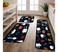 Tapetes de cocina para piso, coloridos diseños de utensilios de cocina, tapetes suaves, acolchados, cómodos, lavables, antideslizantes, para fregaderos de cocina, lavandería, baño, 3 unidades