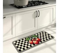 Tapetes de cocina vintage de tablero de ajedrez para piso, tapetes suaves retro de cerezas rojas, acolchados con resorte, cómodos, lavables, para fregaderos de cocina, lavandería, baño, 16 x 47