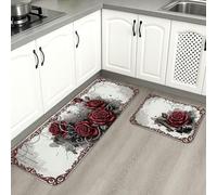 Tapetes de cocina vintage elegantes para piso, rosas rojas, decorativas, suaves, acolchados, cómodos, lavables, para fregaderos de cocina, lavadero, baño, 2 unidades