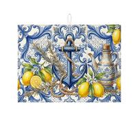 Tapetes de secado de platos con anclas de limón para encimera de cocina, escurridor de platos absorbente floral azul, almohadilla de secado de microfibra mediterránea de verano, 18 x 24 pulgadas