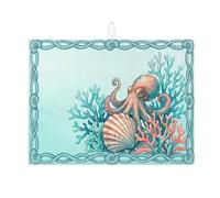 Tapetes de secado de platos con temática oceánica para encimera de cocina, color coral de pulpo aguamarina, tapete escurridor de platos absorbente, almohadilla de secado de microfibra náutica de