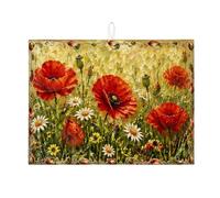 Tapetes de secado de platos florales para encimera de cocina, tapete escurridor absorbente de amapola roja, almohadilla de secado de microfibra rústica de verano para protector de barra de café, 18 x