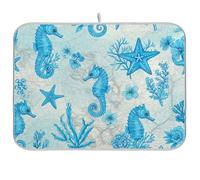 Tapetes de secado de platos vintage de caballito de mar azul para encimera de cocina, tapete escurridor de platos reversible, 18 x 24 pulgadas