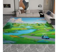 Tapetes Lavables a Máquina para Sala de Estar Campo Golf Dibujos Animados Hierba Verde Montañas, Alfombrilla de Entrada Interior Azul Verdoso Alfombras Antideslizantes Rectangulares 160 x 230 cm