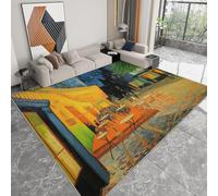 Tapetes Lavables a Máquina para Sala de Estar Óleo Cielo Nocturno Arquitectura Callejera, Alfombrilla de Entrada Interior Amarillo Naranja Alfombras Antideslizantes Rectangulares 120 x 170 cm