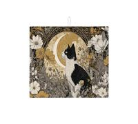 Tapetes para secar platos con diseño de gatos y flores para encimeras de cocina, absorbentes, vintage, negros y dorados, almohadilla artística de microfibra para decorar la encimera de la cocina, 40,6