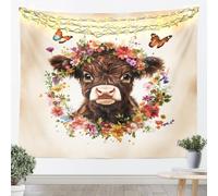 Tapices de ganado Highland tamaño XL colorido y hermoso tapiz de sala de estar hoja verde margarita occidental vintage animal arte colgante de pared para adultos