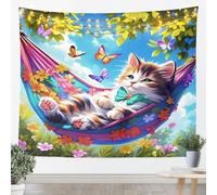 Tapices de pared de gato encantador tamaño S verde Bowknot mariposas margarita flores techo para dormitorio vida salvaje flores colgante de pared arte para niños