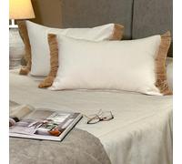 TAPIDECOR | Pack 2 Fundas + 2 Rellenos de Cojín Cama | Modelo Camel | Decoración Hogar | CREA tu Look | Cojin para Dormitorio | Diseño Moderno y Elegante | Color Blanco Roto | Fleco Rafia | 70x50cm