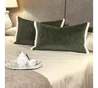 Tapidecor | Pack 2 Fundas + 2 Rellenos de Cojín Cama | Modelo Triángulos | Decoración Hogar | Crea Looks | Cojin para Dormitorio | Diseño Moderno, Elegante | Color Verde Botella | Fleco Corto| 60x40cm