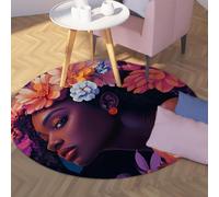 Tapis Rond exotique 240cm Femme Noire africaine et Motif de Fleur Tapis de Sol Lavable antidérapant pour Salon Chambre à Coucher Porche dortoir décor