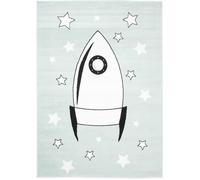 Tapiso Alfombra para niños azul claro blanco negro cohete 200 x 300 cm