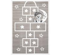 Tapiso Alfombra para niños gris blanco rayuela oso estrellas 200 x 300 cm