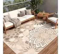 TAPISO Alfombra para terraza, Exterior, Interior, terraza, balcón, jardín de Invierno, Cocina, salón, Moderna, Beige, Gris, Floral, Aspecto 3D, Resistente a la Intemperie, Oeko-Tex, 140 x 200 cm