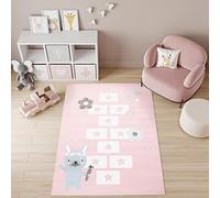 TAPISO Baby Alfombra de Habitación Infantil Bebé Juvenil Alfombra para Niños Alfombra de Juegos Diseño Moderno Rosa Blanco Rayuela Suave Alfombra de Pelo Corto 80 x 150 cm
