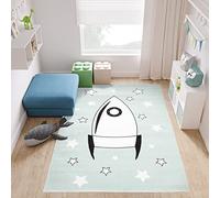 TAPISO Baby Alfombra de Habitación Infantil Bebé Juvenil Alfombra para Niños Alfombra de Juegos Diseño Moderno Azul Claro Blanco Negro Cohete Suave Pelo Corto 120 x 170 cm