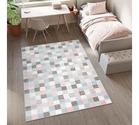 TAPISO Baby Alfombra de Habitación Infantil Bebé Juvenil Alfombra para Niños Alfombra de Juegos Diseño Moderno Azul Gris Rosa Cuadros Suave Pelo Corto 80 x 150 cm