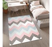 TAPISO Baby Alfombra de Habitación Infantil Bebé Juvenil Alfombra para Niños Alfombra de Juegos Diseño Moderno Gris Rosa Azul Blanco Zig Zag Suave Pelo Corto 80 x 150 cm