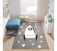 TAPISO Baby Alfombra de Habitación Infantil Bebé Juvenil Alfombra para Niños Alfombra de Juegos Diseño Moderno Gris Blanco Negro Azul Cohete Suave Pelo Corto 80 x 150 cm