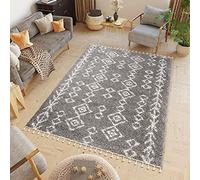 TAPISO Boho Alfombra Shaggy con Borlas Alfombra de Pelo Largo Mullida Diseño Moderno Estampado Étnico Gris Crema Salón Dormitorio Habitación Infantil Oeko-Tex 140 x 200 cm