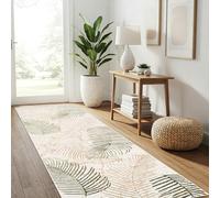 TAPISO Crystal Alfombra de Pasillo Corredor Pila Corta Brillante Beige Oro Crema Verde Blanco Palmeras Hojas exóticas Efecto 3D Patrón Salón Dormitorio Diseño Moderno Oeko-Tex 100 x 200 cm