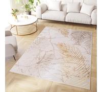 TAPISO Crystal Alfombra de Pelo Corto Brillante Suave Moderna Dorado Marrón Crema Beige Blanco Hojas de Palma Tropical Efecto 3D Salón Habitación Dormitorio Oeko-Tex 160 x 220 cm
