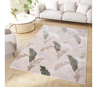 TAPISO Crystal Alfombra de Pelo Corto Brillante Suave Moderna Verde Claro Marrón Beige Blanco Hojas de Palma Tropical Efecto 3D Salón Habitación Dormitorio Oeko-Tex 160 x 220 cm
