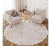 TAPISO Crystal Redonda Alfombra de Pelo Corto Brillante Suave Moderna Dorado Marrón Crema Beige Blanco Hojas de Palma Tropical Efecto 3D Salón Habitación Dormitorio Oeko-Tex 160 x 160 cm